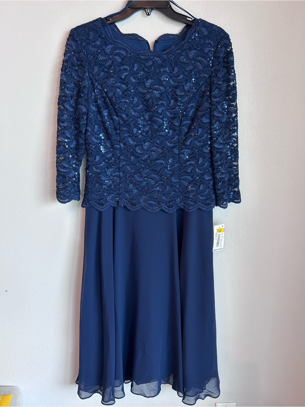 Alex Evenings Navy Long Sleeve Lace & Chiffon Evening Gown